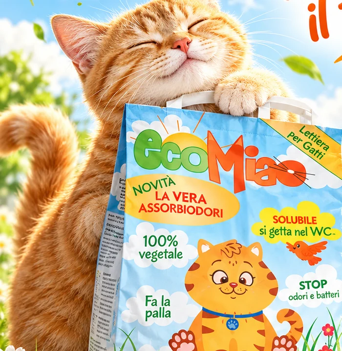 Gatto che abbraccia il sacco di EcoMiao con gli occhi chiusi