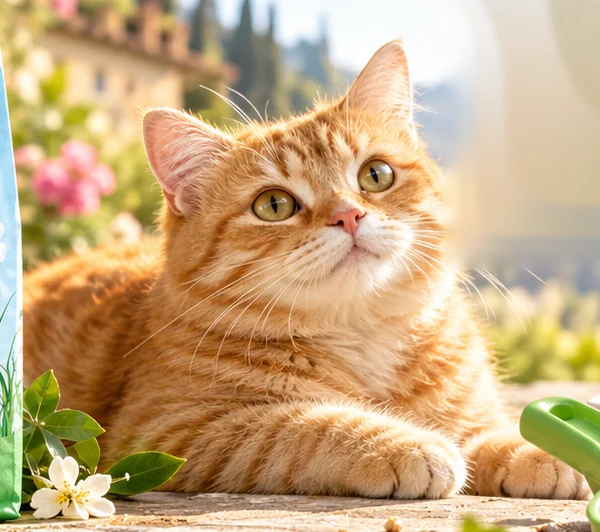 Gatto rosso rilassato accanto al sacco di EcoMiao