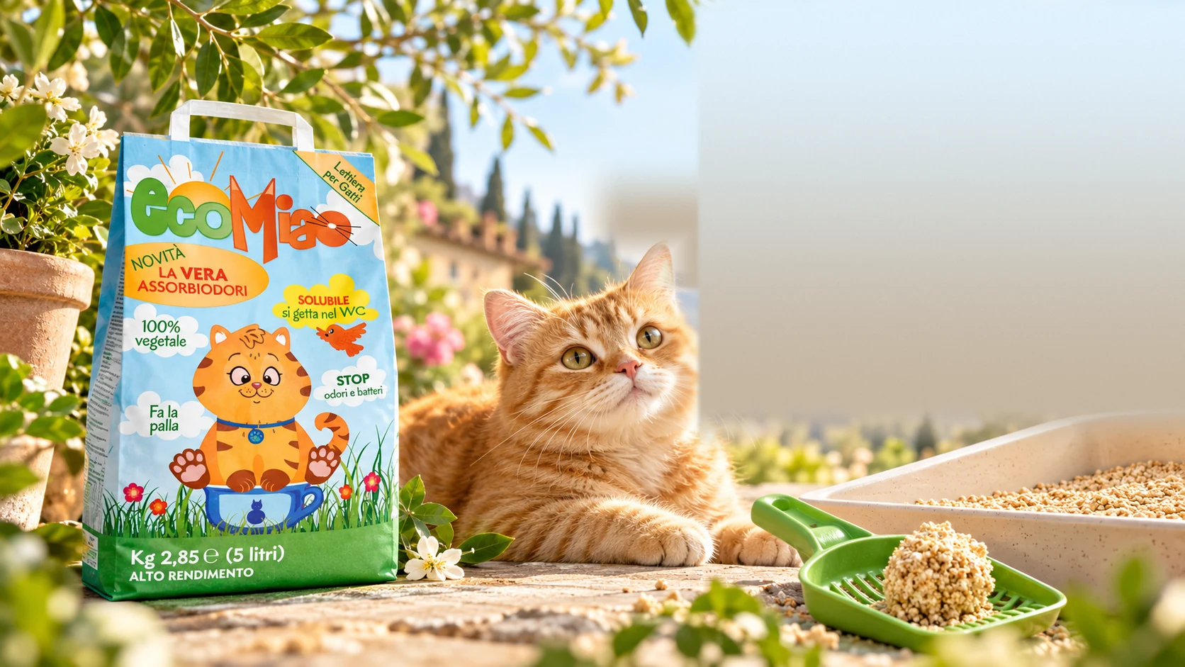 Un gatto rosso accanto al sacco di EcoMiao, alla paletta verde e alla vaschetta piena di granuli vegetali